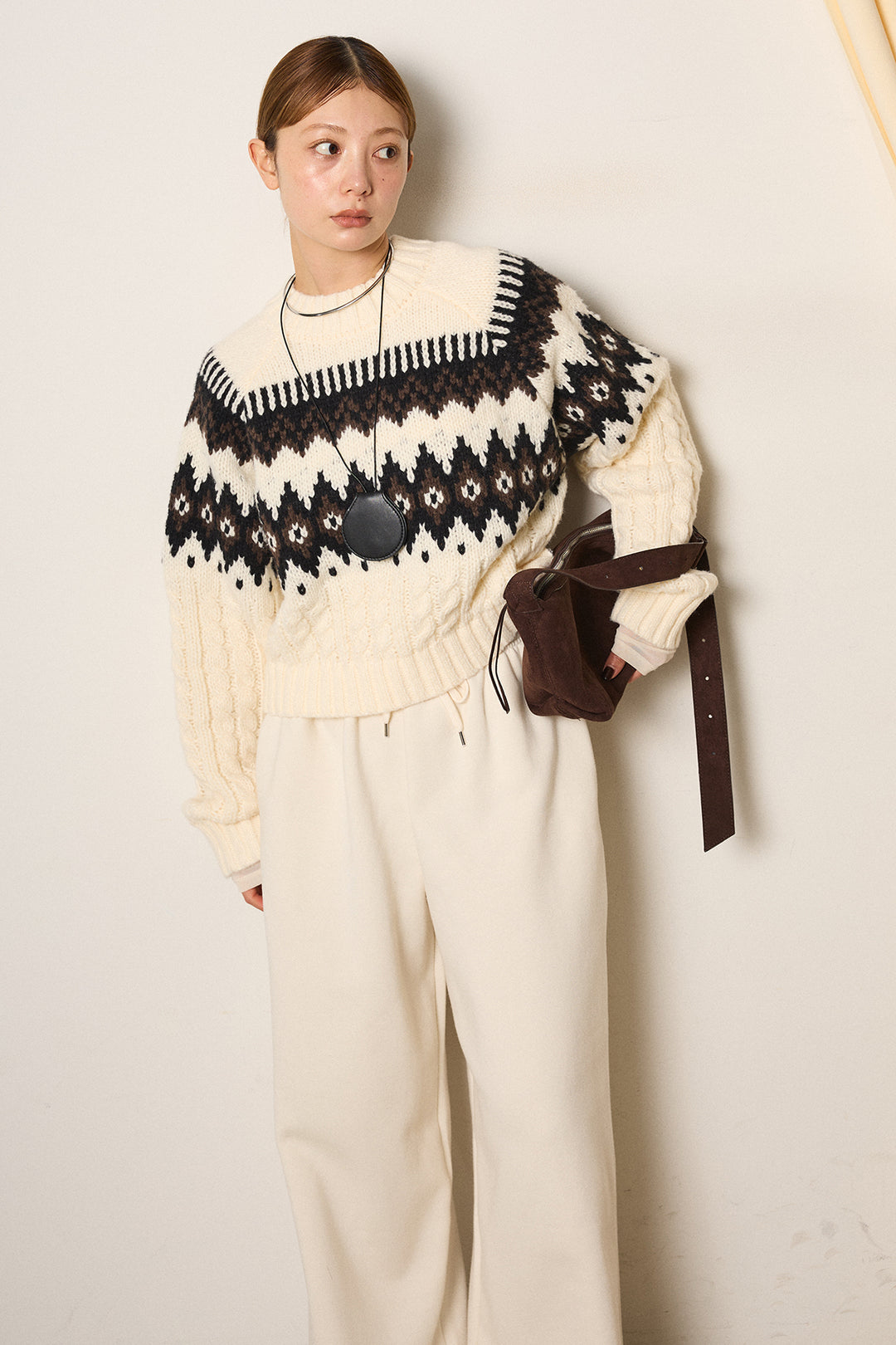 [SET]2WAY求心柄ジャガードショートカーディガン+裏起毛スウェットワイドパンツ+2WAY袖コード刺繍クルーネックプルオーバー(3set)