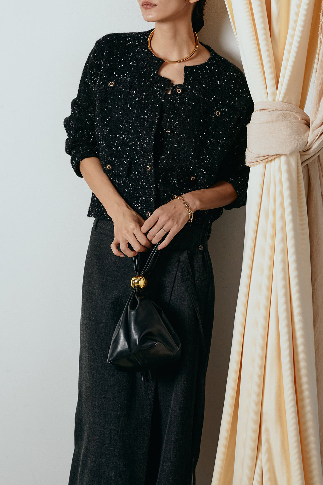 [SET]ネップニットカーディガン+ラップ巻きワイドスラックス(2set)