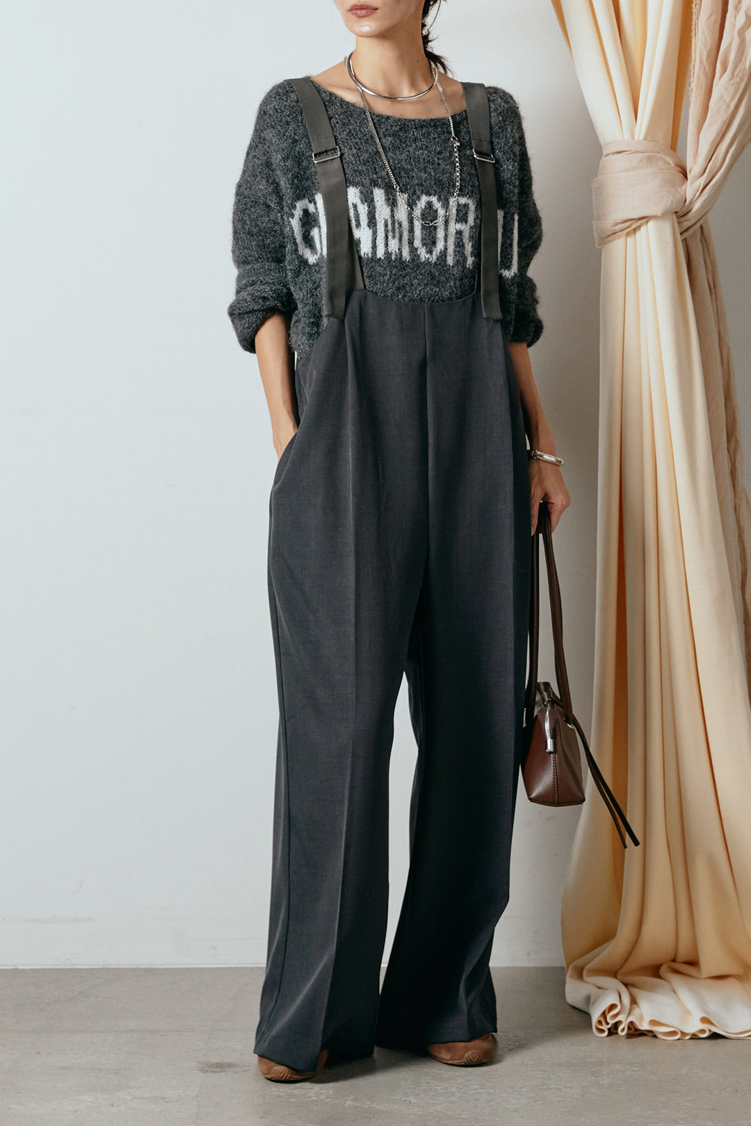 [SET]フロントロゴデザインニットトップス+ワイドツイルサロペット(2set)