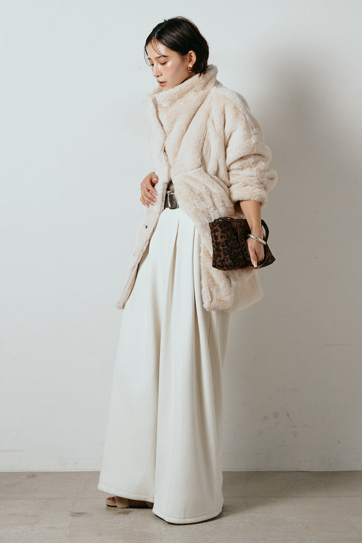 [SET]スタンドネックファーコート+フェイクレザー太ベルト付きタックワイドパンツ(2set)