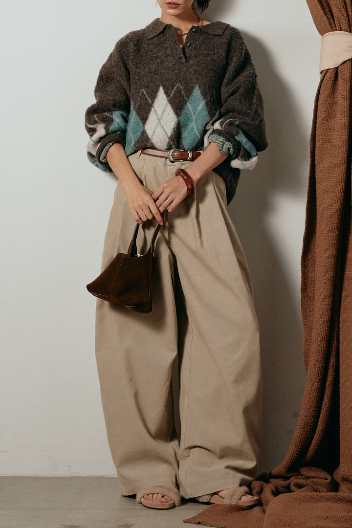 [SET]アーガイル柄ポロニットトップス+フロントタック入りコーデュロイパンツ(2set)