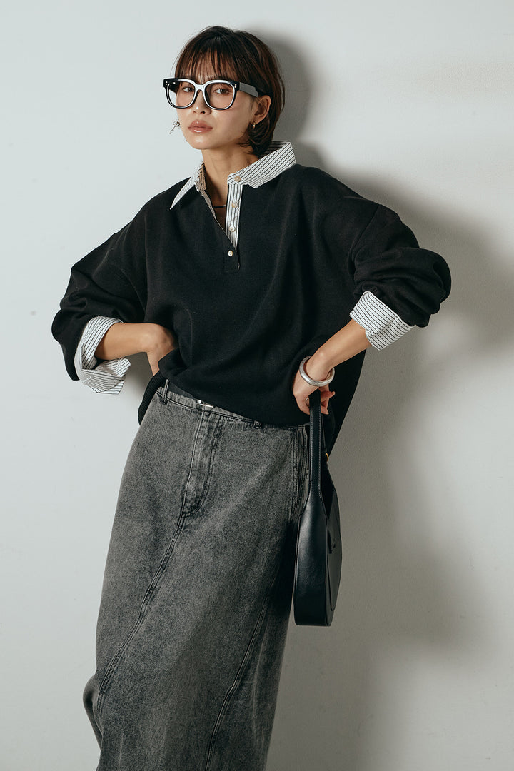 [SET]ストライプシャツドッキングポロトップス+デニムロングフレアスカート(2set)