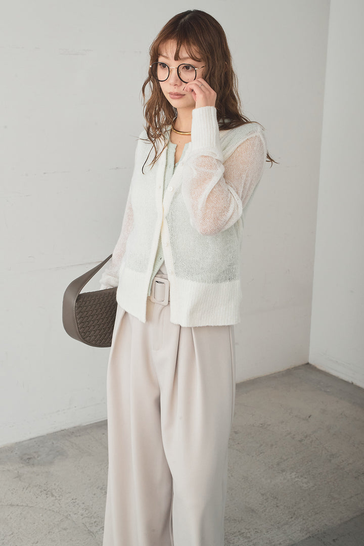 [SET]モヘア透かし編みレイヤードアンサンブルセット+ベルト付きツータックワイドパンツ(2set)