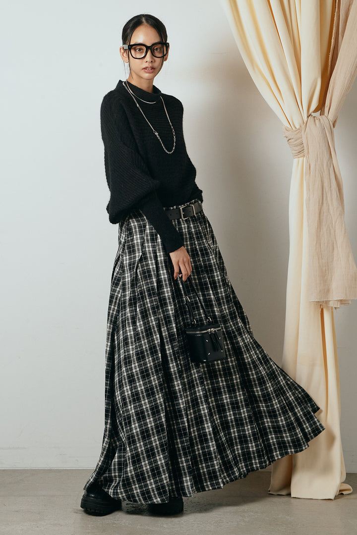 [SET]ポンチョシルエット透かしニットトップス+ベルト付きタータンチェックプリーツスカート(2set)
