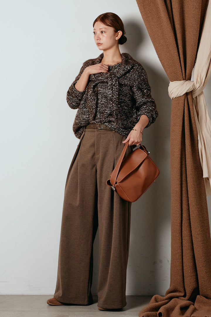 [SET]スカーフ付きミックスニットトップス+細ベルト付き起毛タックワイドパンツ(2set)