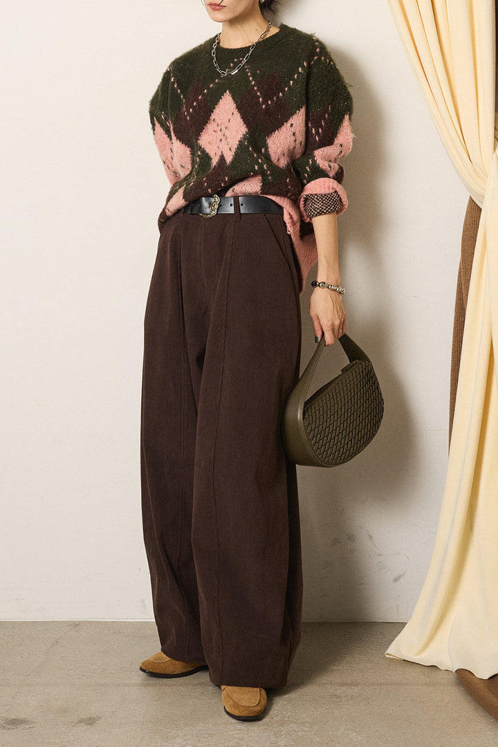 [SET]配色アーガイル柄ニットトップス+ベルト付きコーデュロイワイドパンツ(2set)