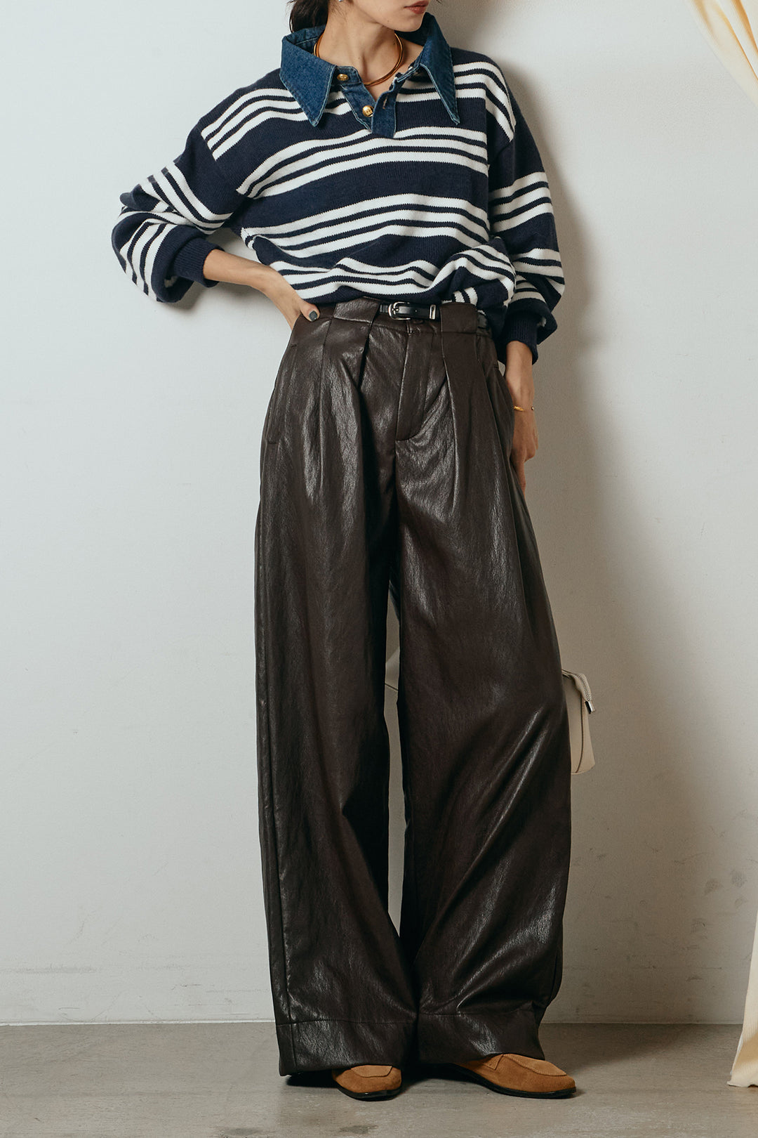 [SET]デニムレイヤード風ランダムボーダーニットプルオーバー+ベルト付きレザーライクタックパンツ(2set)