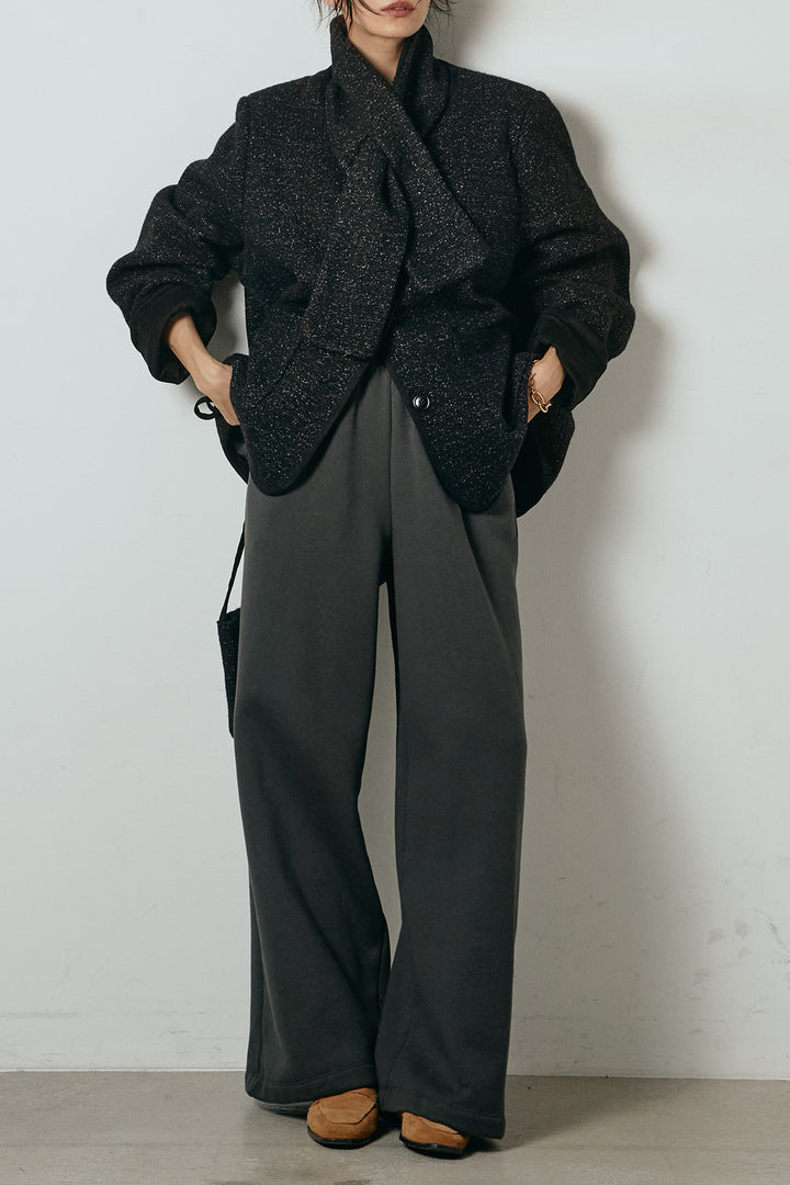 [SET]ノーカラーマフラーバッグ付きアウター+裏起毛スウェットワイドパンツ(2set)