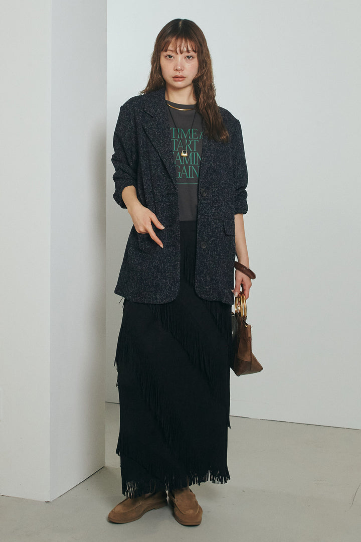 [SET]ミックスツイードベルト付きジャケット+斜めフリンジデザインスカート(2set)