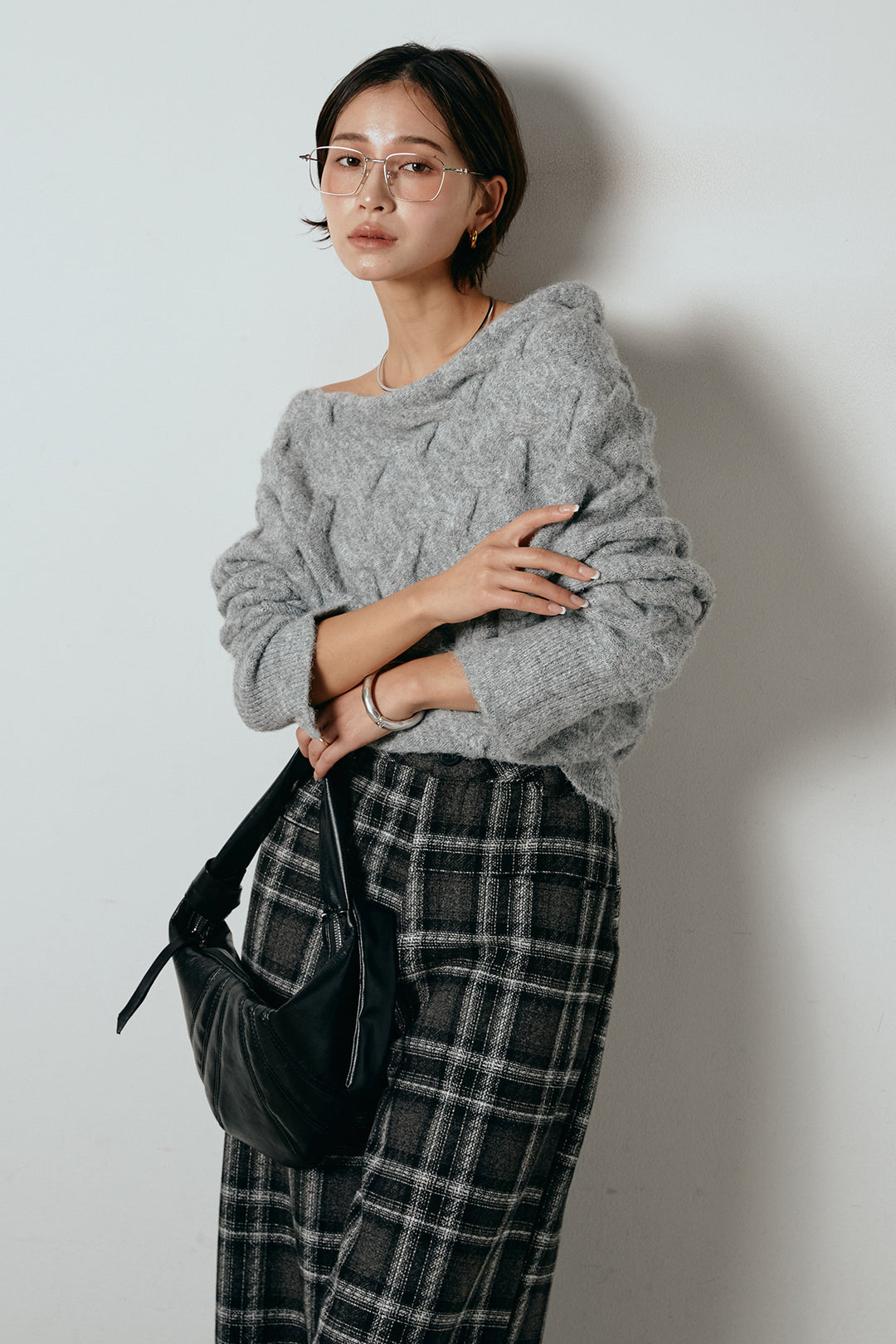 [SET]ボートネックニットトップス+ルーズタータンチェックワイドパンツ(2set)