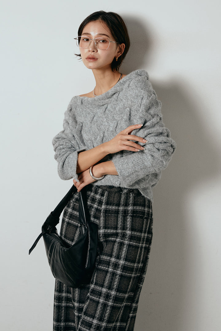 [SET]ボートネックニットトップス+ルーズタータンチェックワイドパンツ(2set)