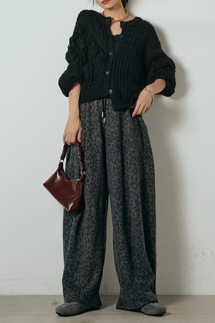 [SET]ランダムフリンジニットカーディガン+リラックスレオパード柄ワイドパンツ(2set)