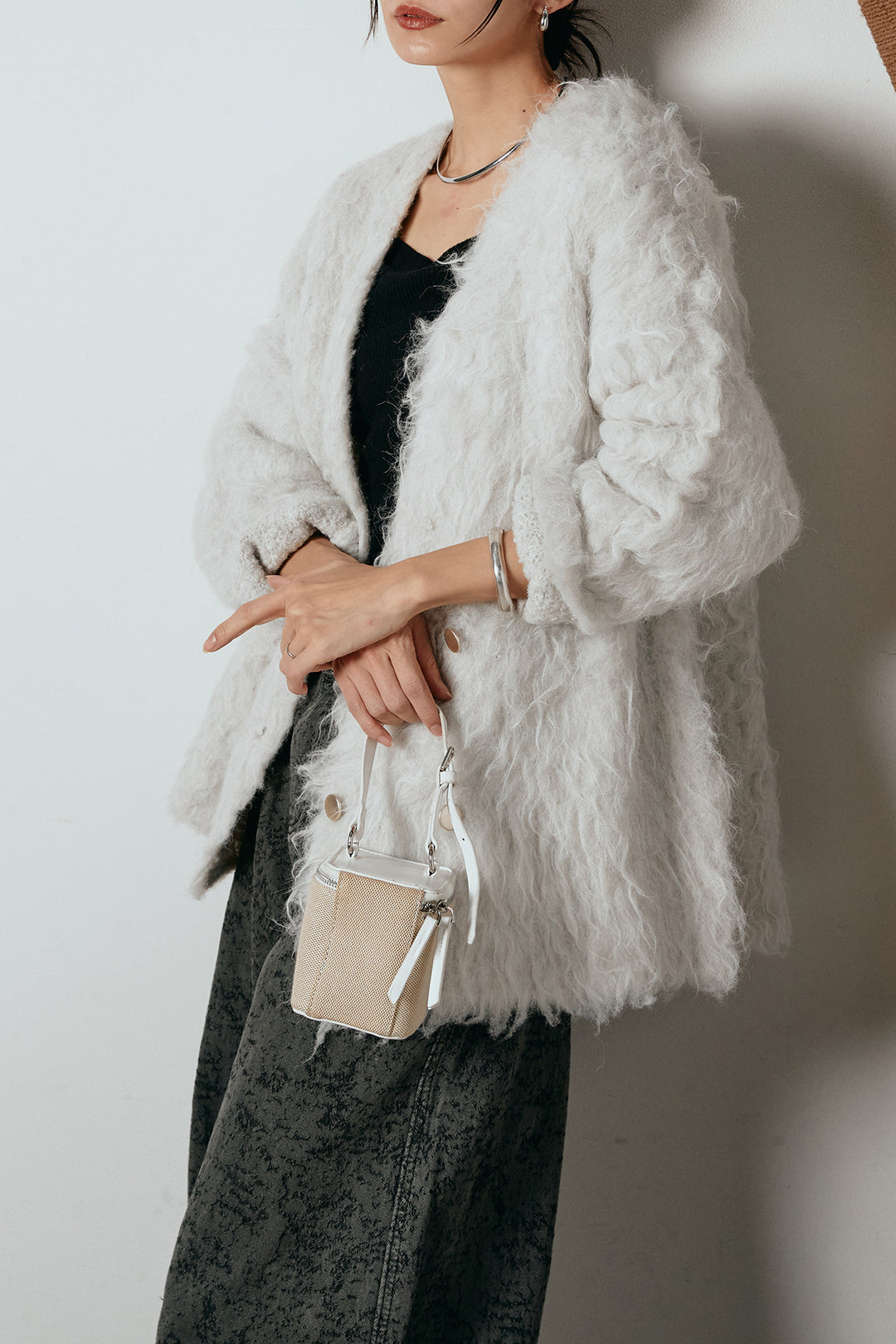 [SET]ウェーブシャギーニットジャケット+ベルト付きニュアンス柄カーブワイドパンツ(2set)