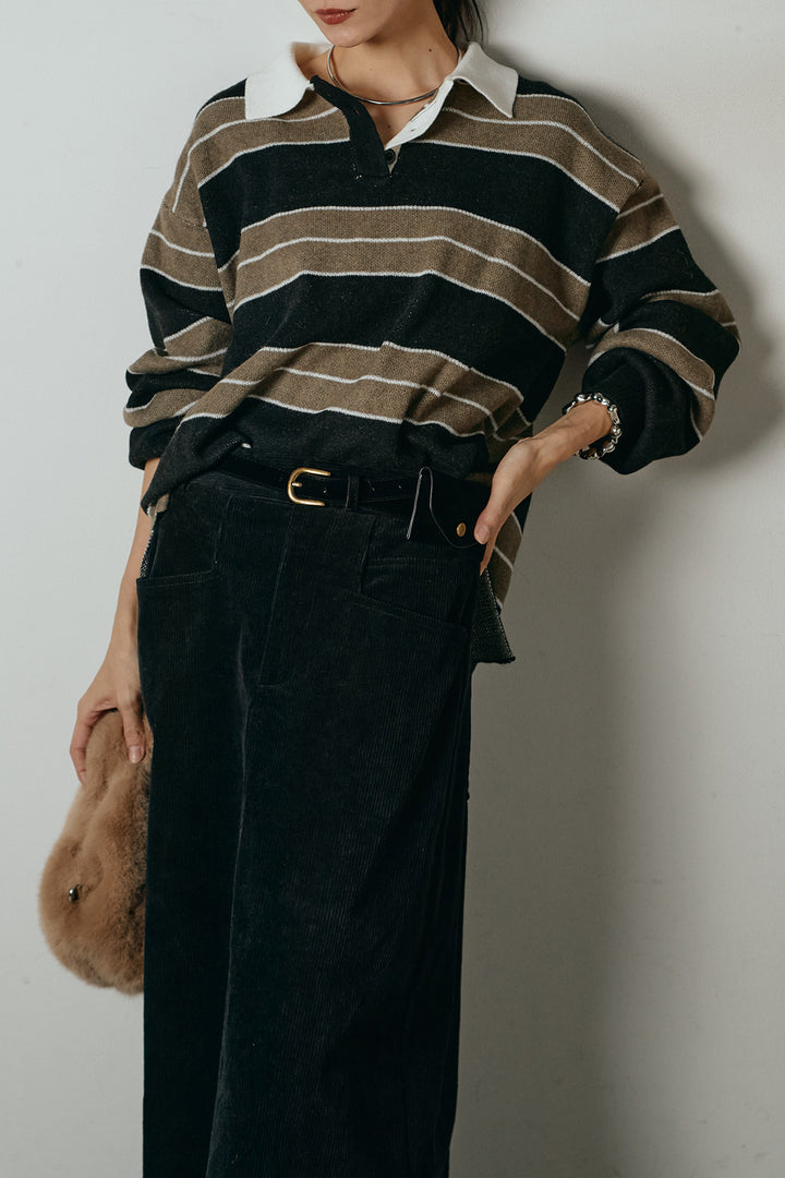 [SET]ラガーニットボーダーポロプルオーバー+ポーチベルト付きコーデュロイワイドスカート(2set)