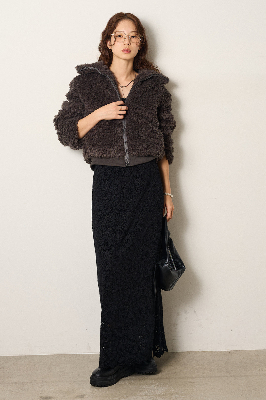 [SET]スタンドカラー裾リブボアブルゾン+花柄刺繍ベロアフレアスカート(2set)