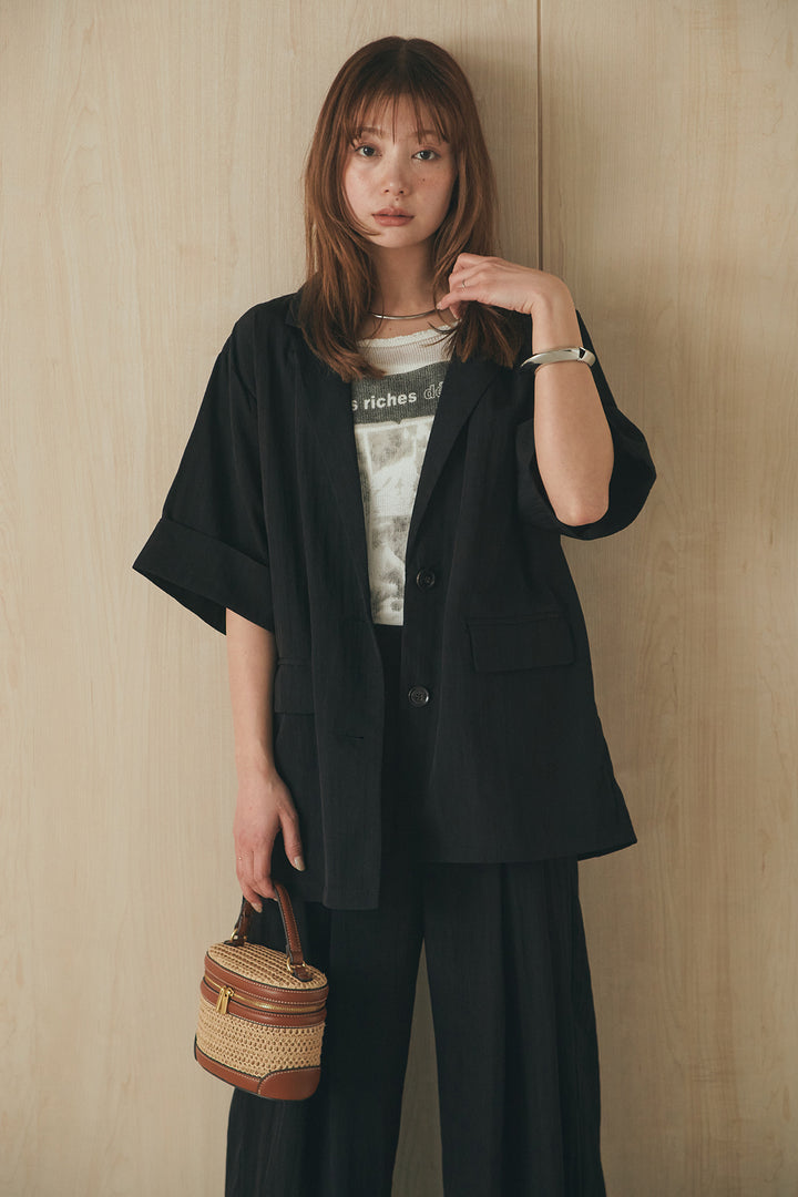 [SET]リネンライクテーラードハーフスリーブジャケット+リネンライク2タックワイドパンツ+半袖モノトーングラフィックトップス(3set)