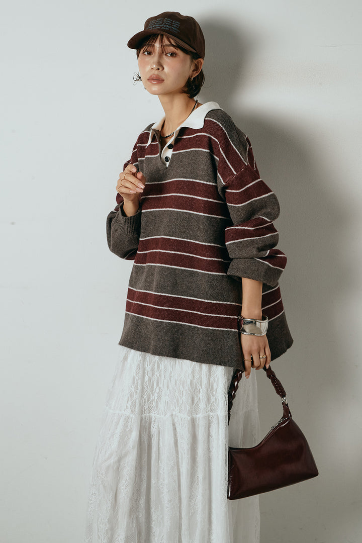 [SET]ラガーニットボーダーポロプルオーバー+ひげレース切替ロング丈スカート(2set)