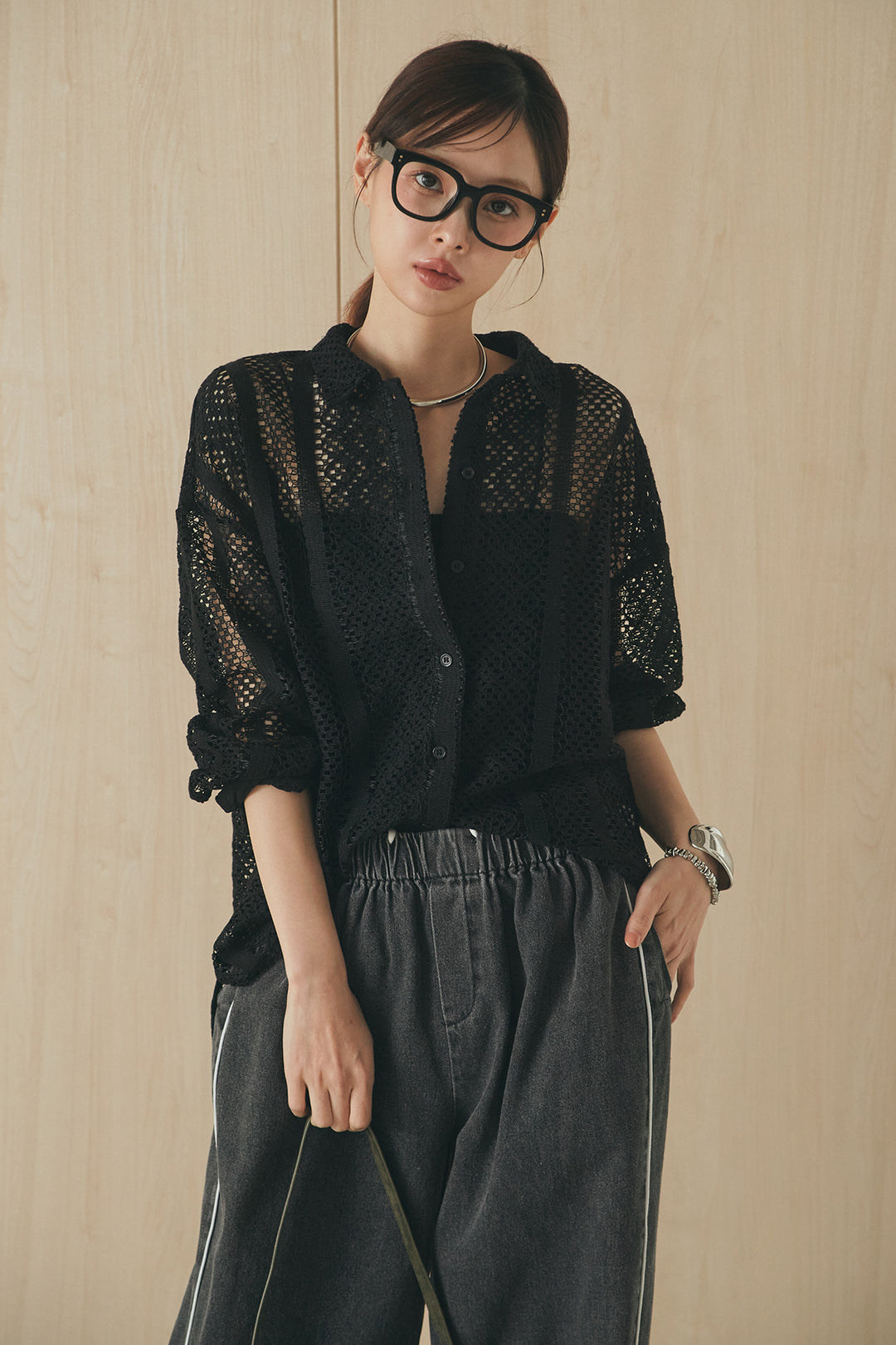 [SET]長袖襟付きレースシャツ+ドロストサイドラインデニムパンツ(2set)