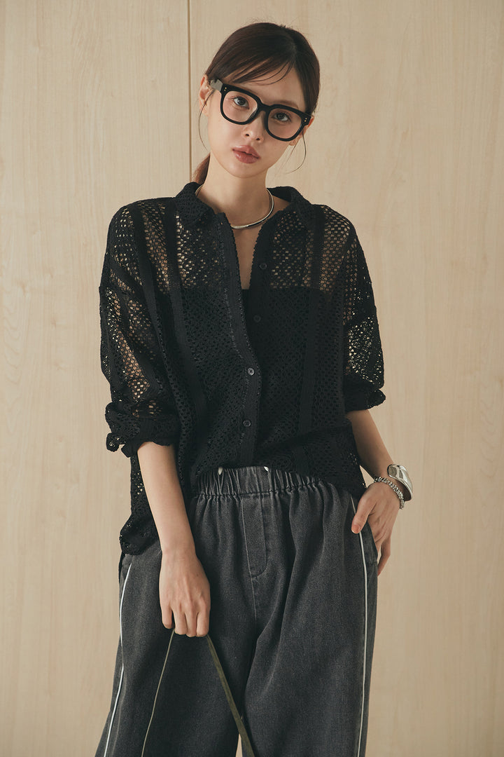 [SET]長袖襟付きレースシャツ+ドロストサイドラインデニムパンツ(2set)