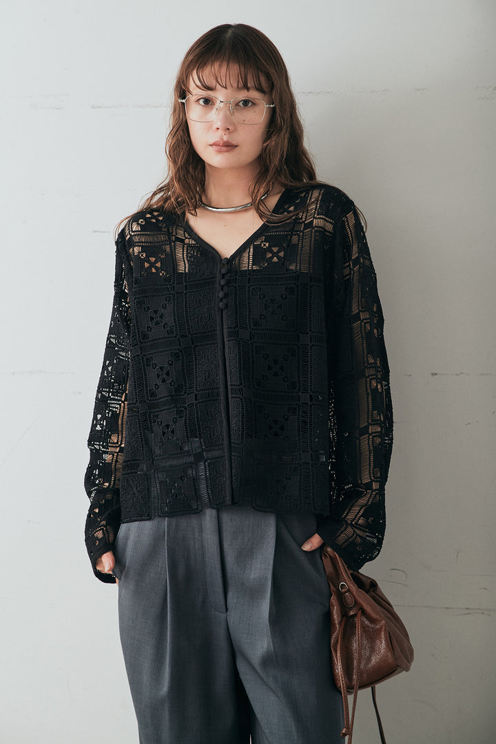 [SET]クロシェレースカーディガン+センタープレスセミワイドパンツ(2set)