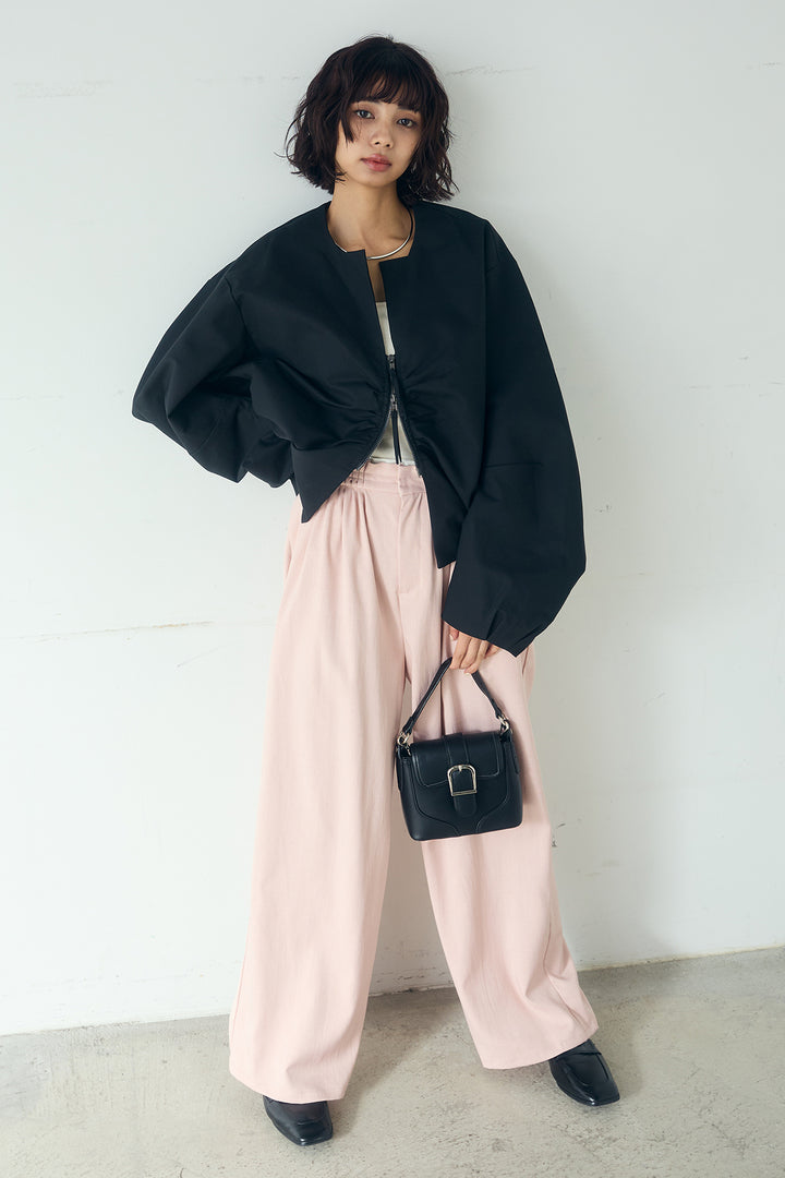 [SET]ノーカラーフロントギャザージップアウター+ツイルメニータックパンツ(2set)