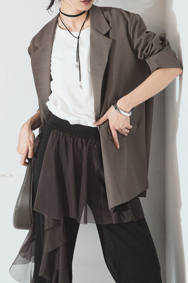 [SET]ルーズシルエットダブルテーラードジャケット+ストレッチロングTシャツ+チュールレイヤードニットパンツ(3set)