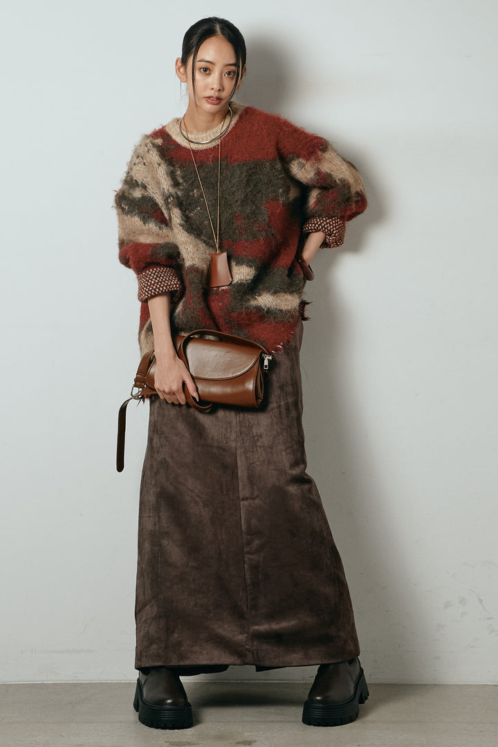 [SET]起毛裾デザインニュアンス柄ニットトップス+エコスウェードワイドスカート(2set)