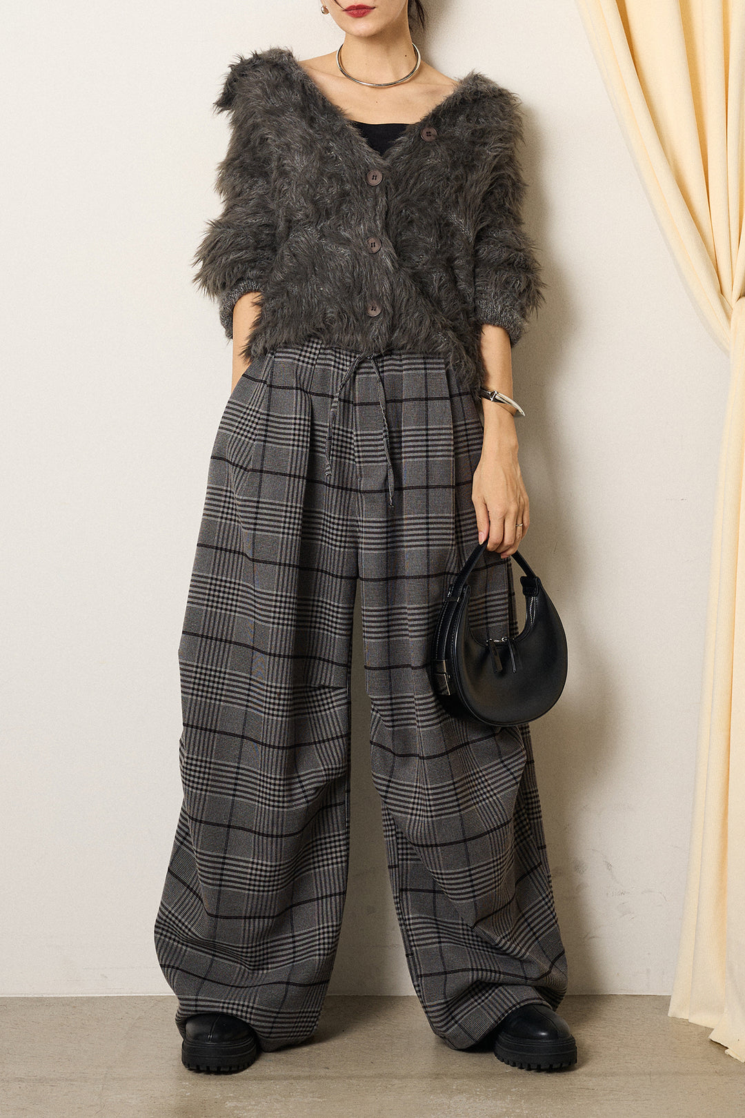 [SET]襟付きシャギーニットカーディガン+グレンチェックルーズタックパンツ(2set)