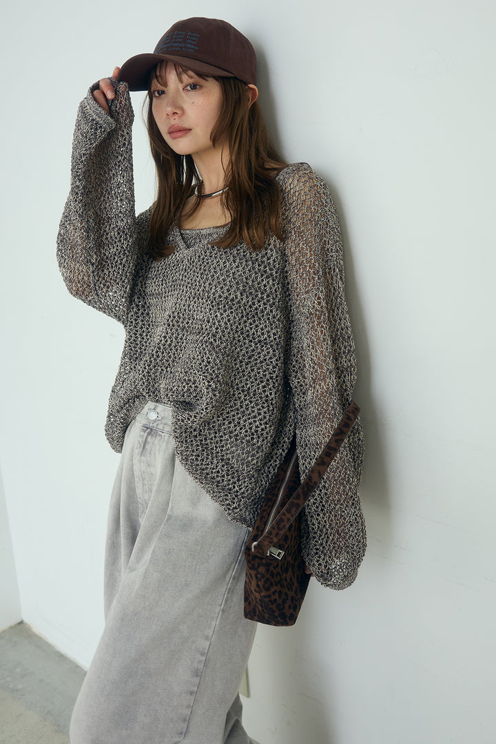 [SET]メッシュ編みビスチェセットVネックプルオーバー+カラーデニムタックカーブパンツ(2set)