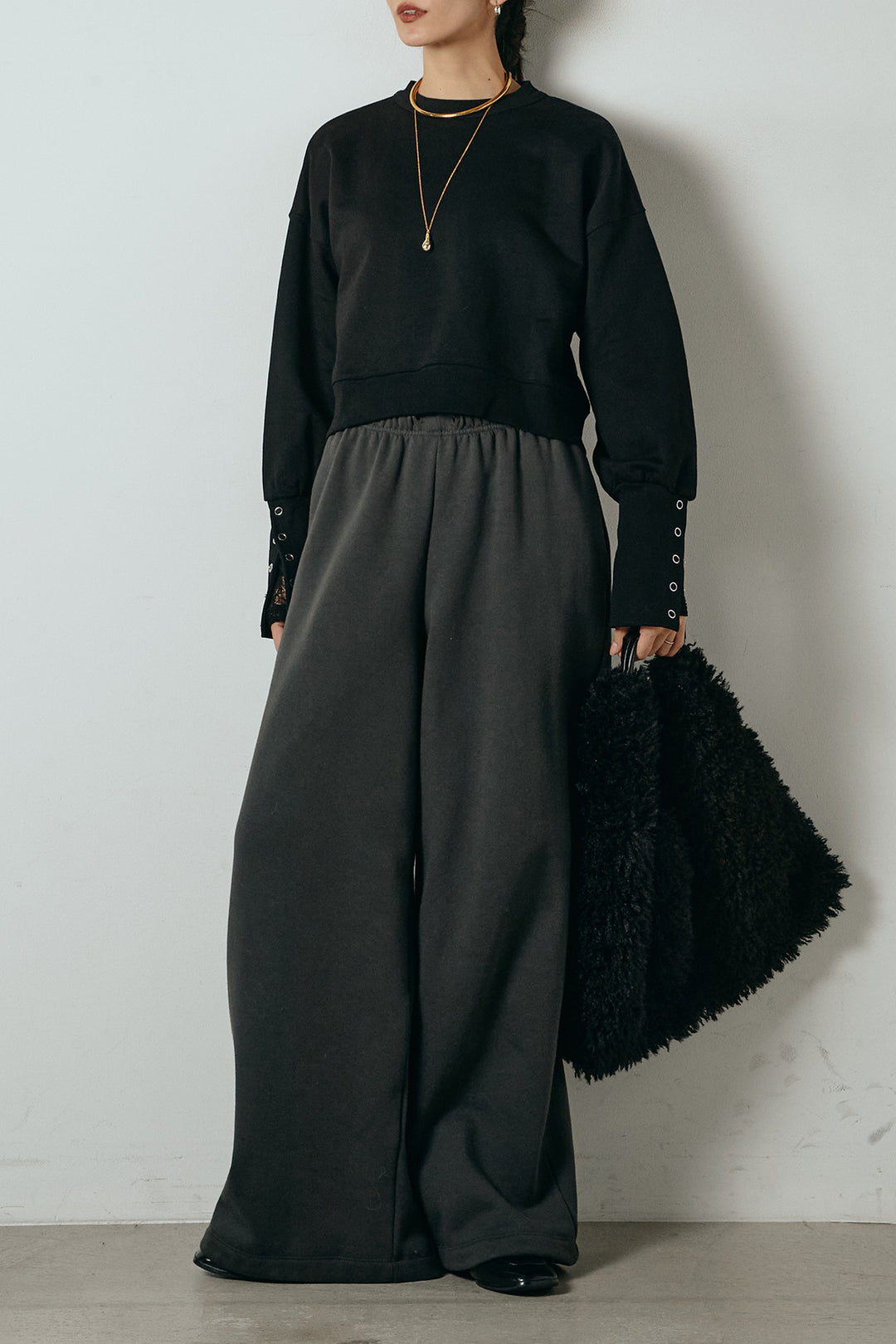 [SET]裏毛バックオープンプルオーバー+ストレッチレースクルーネックインナー+裏起毛スウェットワイドパンツ(3set)