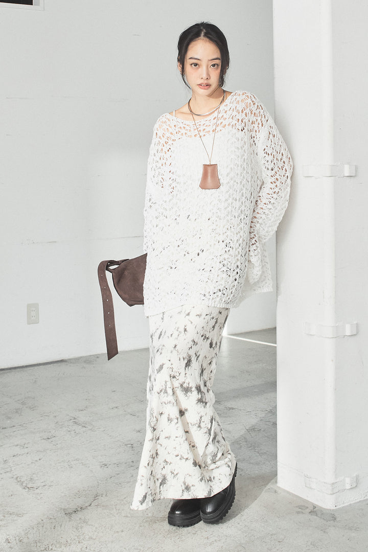 [SET]リラックスメッシュニットトップス+タイダイ柄ベロアワイドスカート(2set)