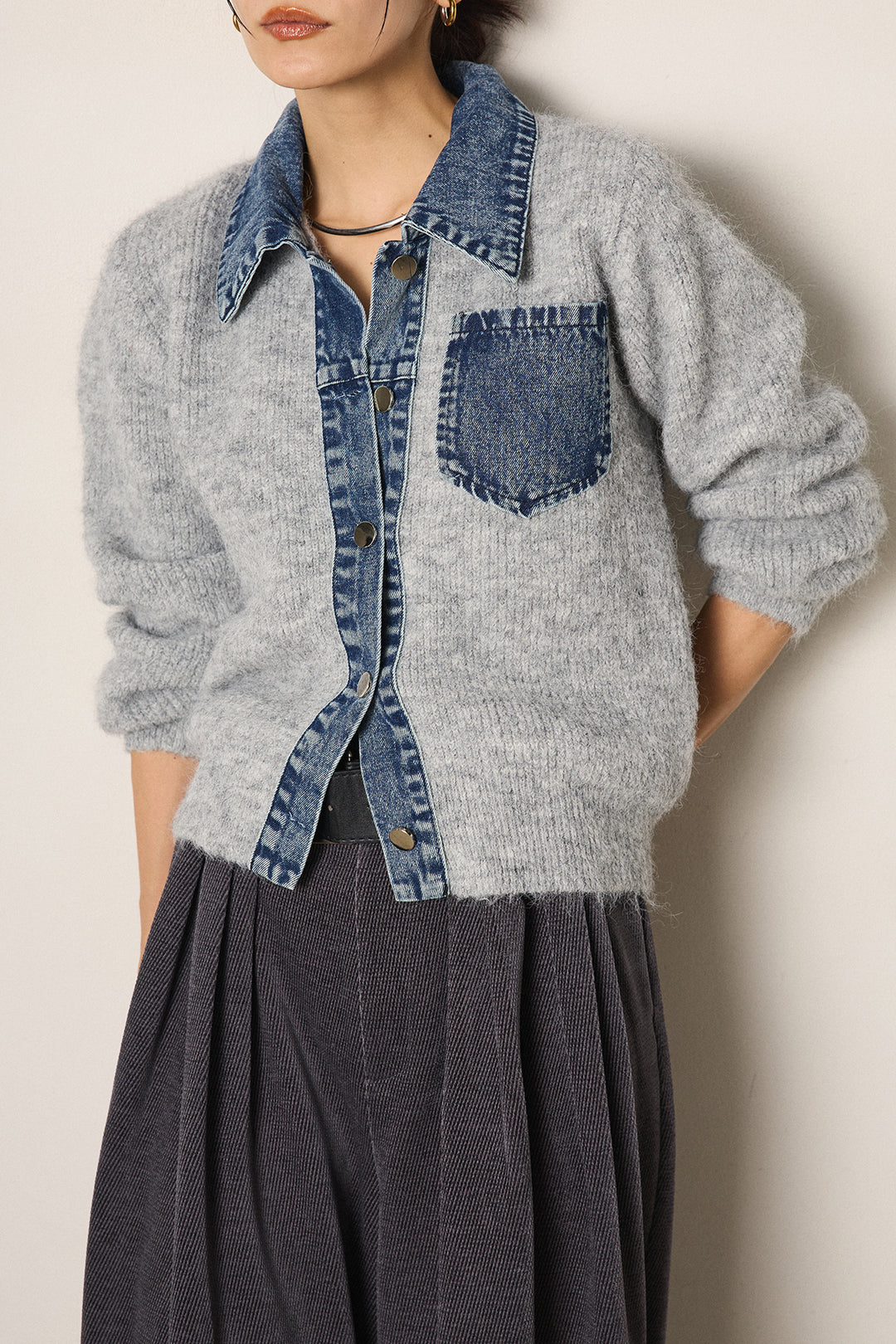 [SET]襟付きデニム切替ニットカーディガン+ベルトループコーデュロイワイドパンツ(2set)