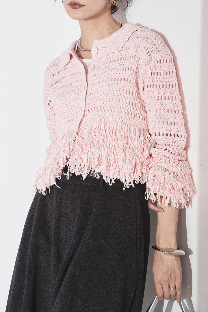 [SET]メッシュフリンジカーディガン+ウールタッチカーブワイドパンツ(2set)