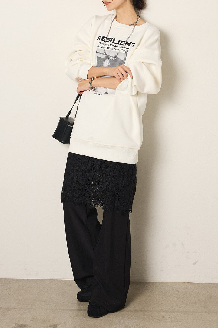 [SET]モノトーンプリントスウェット+レース刺繍レイヤードフレアパンツ(2set)