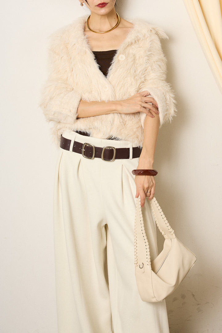 [SET]襟付きシャギーニットカーディガン+フェイクレザー太ベルト付きタックワイドパンツ(2set)