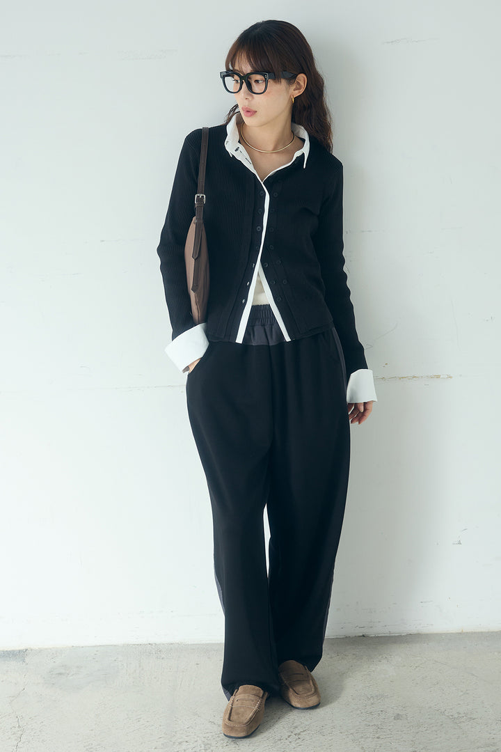 [SET]シャツドッキングボタンニットカーディガン+異素材切り替えスウェットパンツ(2set)