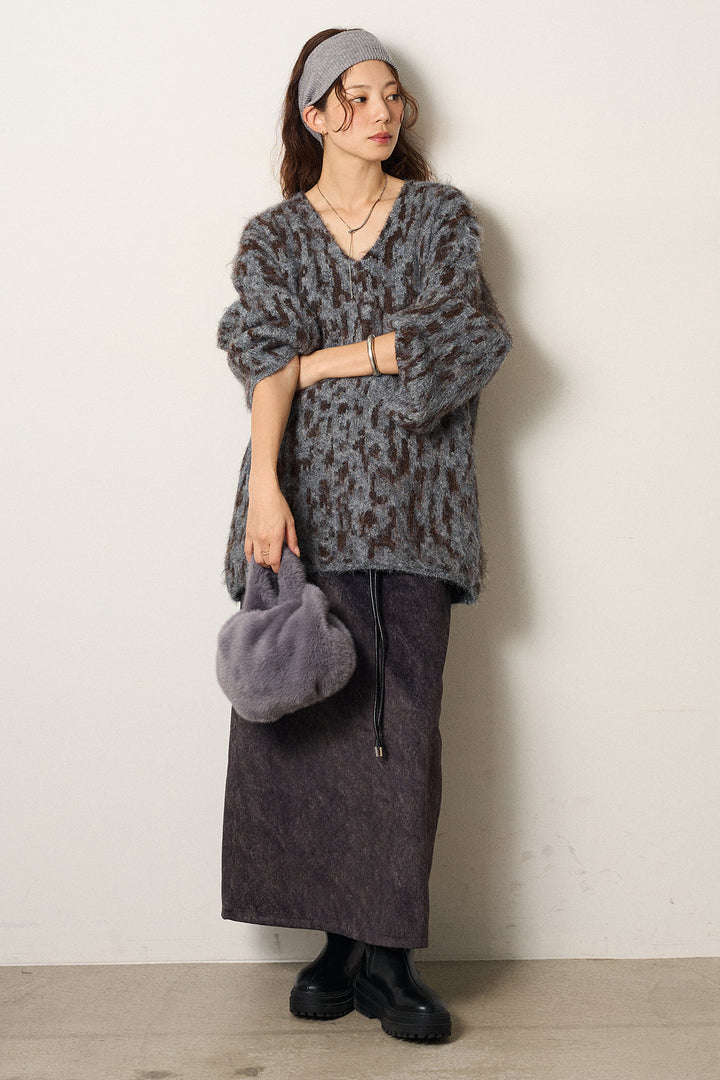 [SET]フラッフィーレオパードシャギーニット+ロープベルト付きスウェード調スカート(2set)