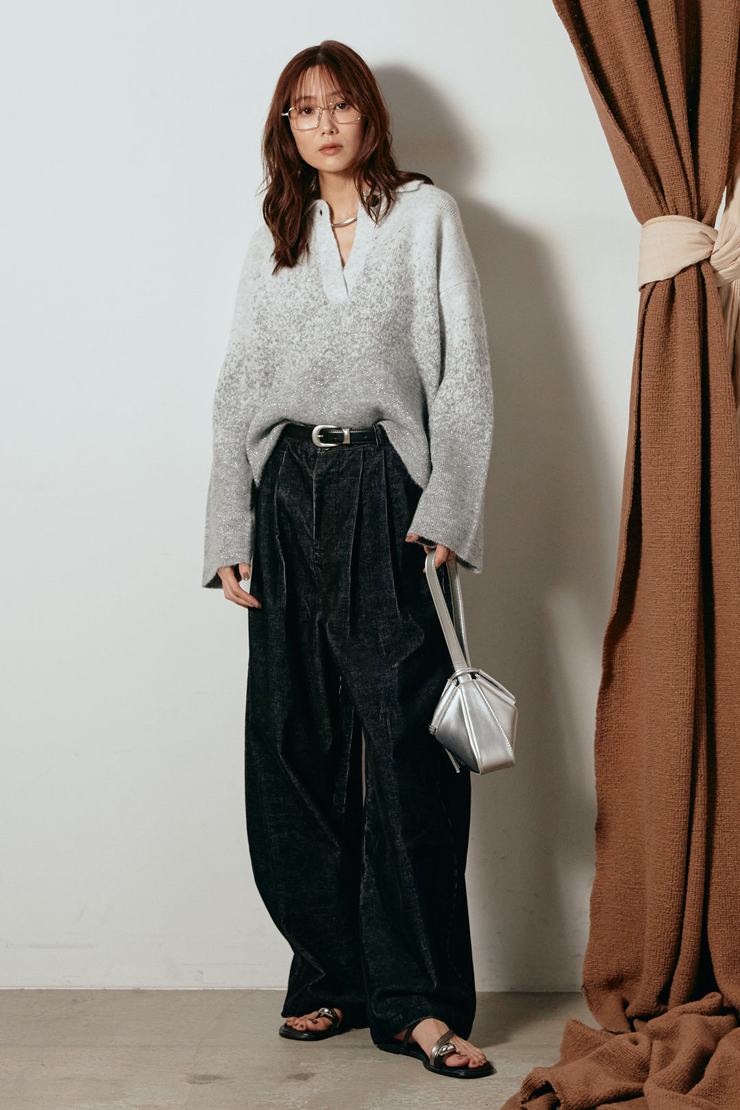 [SET]グラデーションラメニットキーネックプルオーバー+フロントタック入りコーデュロイパンツ(2set)