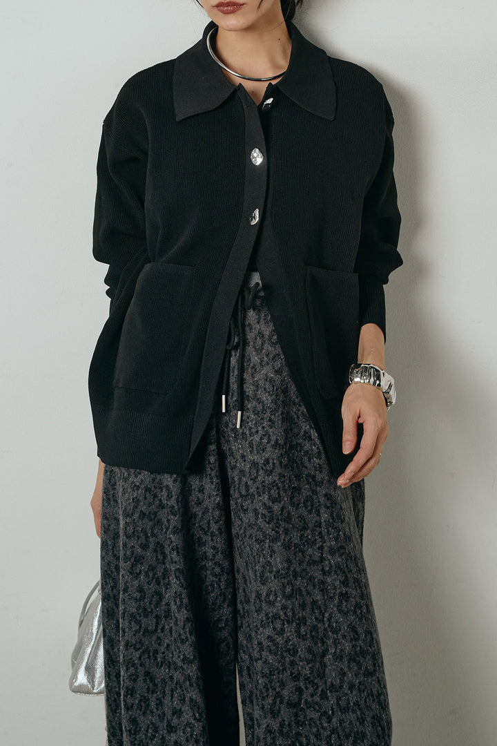 [SET]メタル釦衿付きニットカーディガン+リラックスレオパード柄ワイドパンツ(2set)