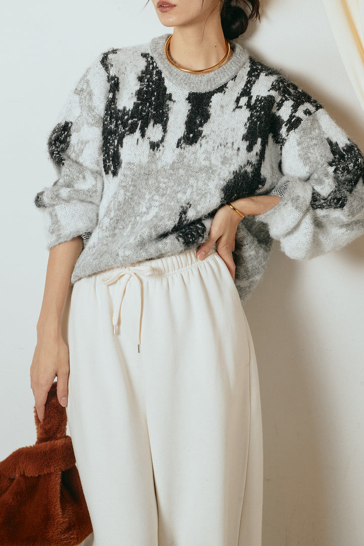 [SET]起毛ニュアンス柄ニットプルオーバー+裏起毛スウェットワイドパンツ(2set)
