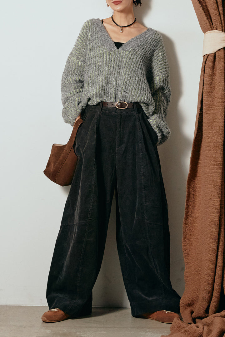 [SET]アルパカタッチ深Vニットトップス+タック入りコーデュロイワイドパンツ(2set)