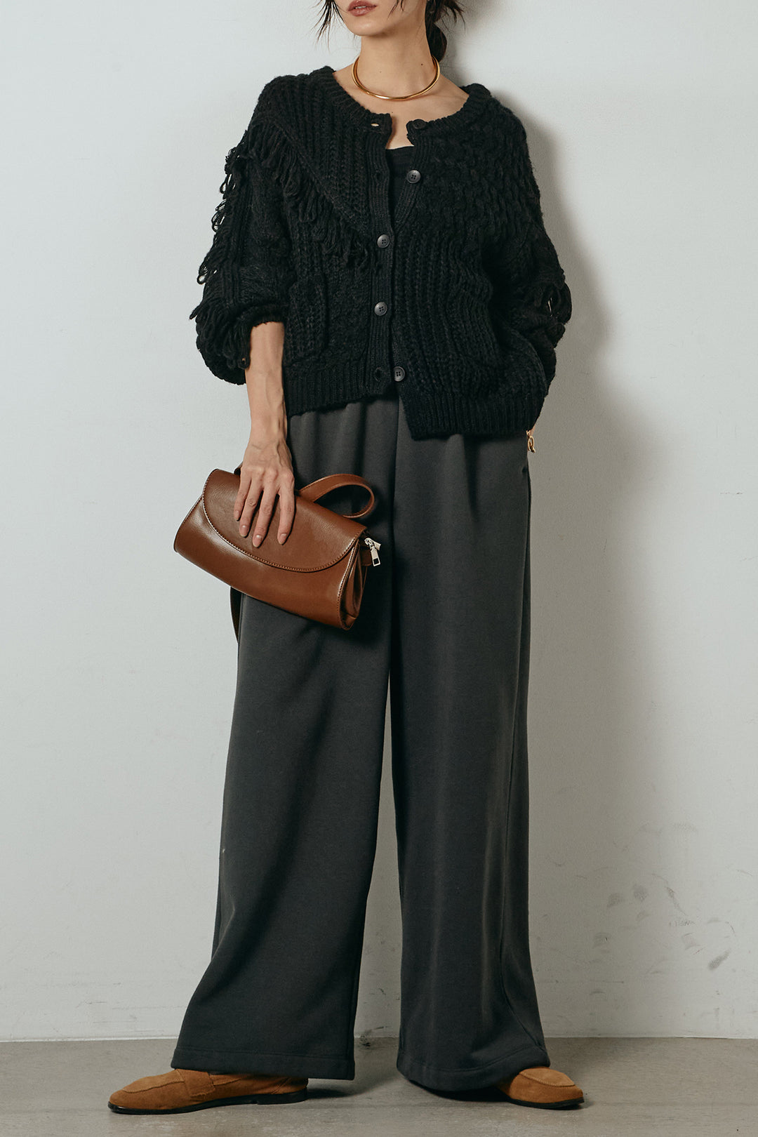 [SET]ランダムフリンジニットカーディガン+裏起毛スウェットワイドパンツ(2set)