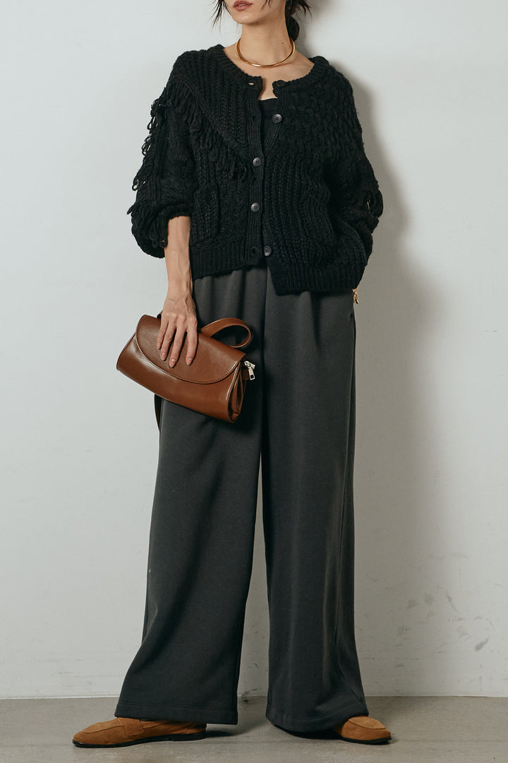 [SET]ランダムフリンジニットカーディガン+裏起毛スウェットワイドパンツ(2set)