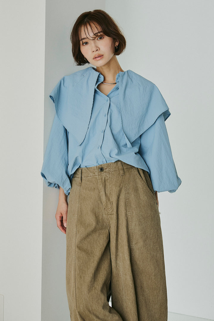 [SET]ケープカラーナイロンブラウス+サイドベルトカーブワイドパンツ(2set)