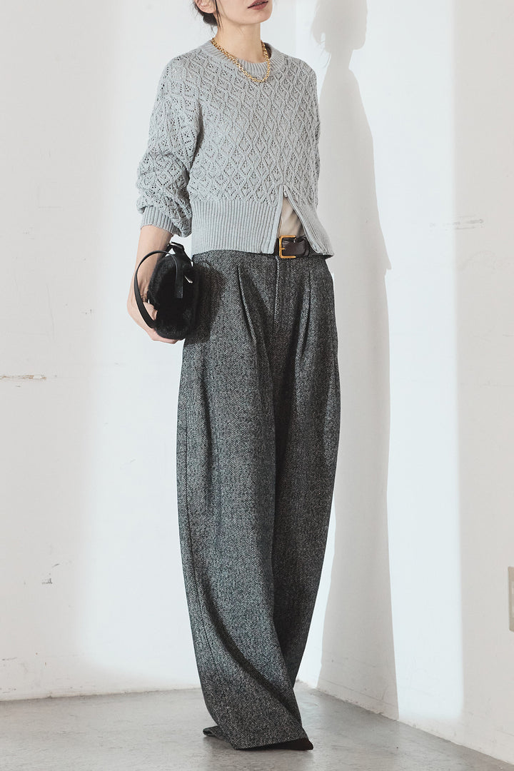 [SET]透かし編みニットジップスリットプルオーバー+タックツイードワイドパンツ(2set)