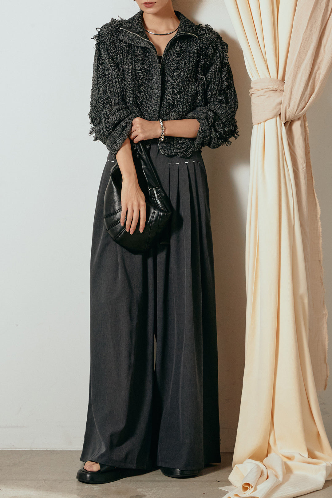 [SET]ハイネックフリンジジップニットトップス+ウエストステッチデザインワイドスラックス(2set)