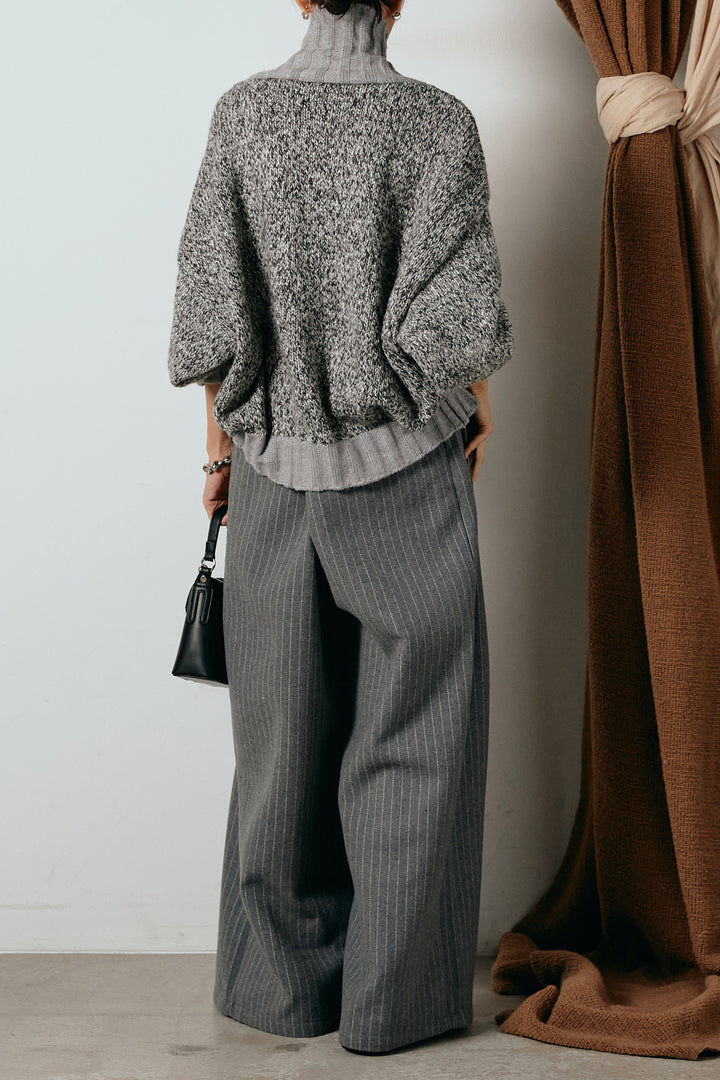 [SET]ハイネックミックスニットカーディガン+ウールライクストライプパンツ(2set)