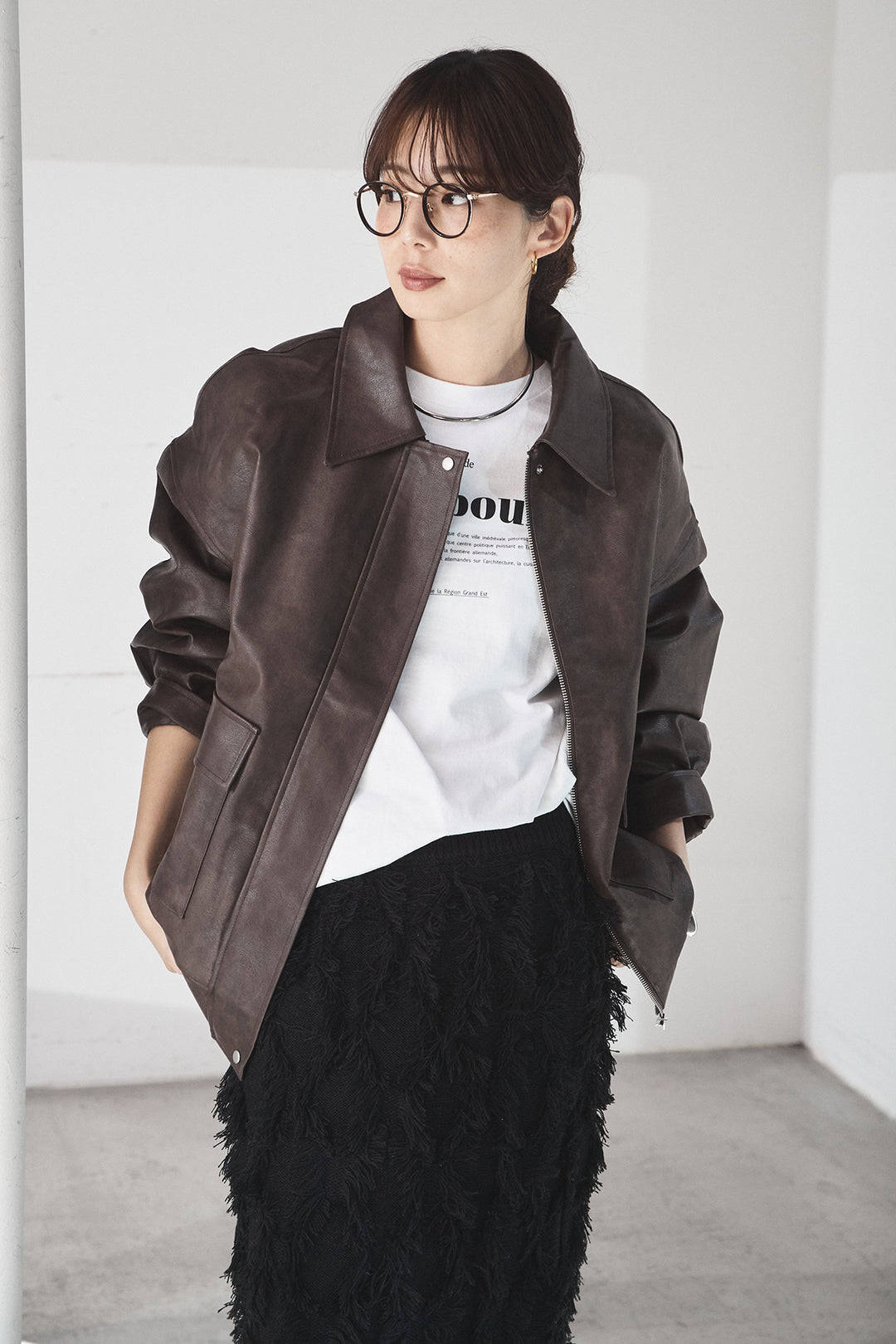 [SET]レザーライクオーバーサイズブルゾン+カットフリンジニットタイトスカート(2set)