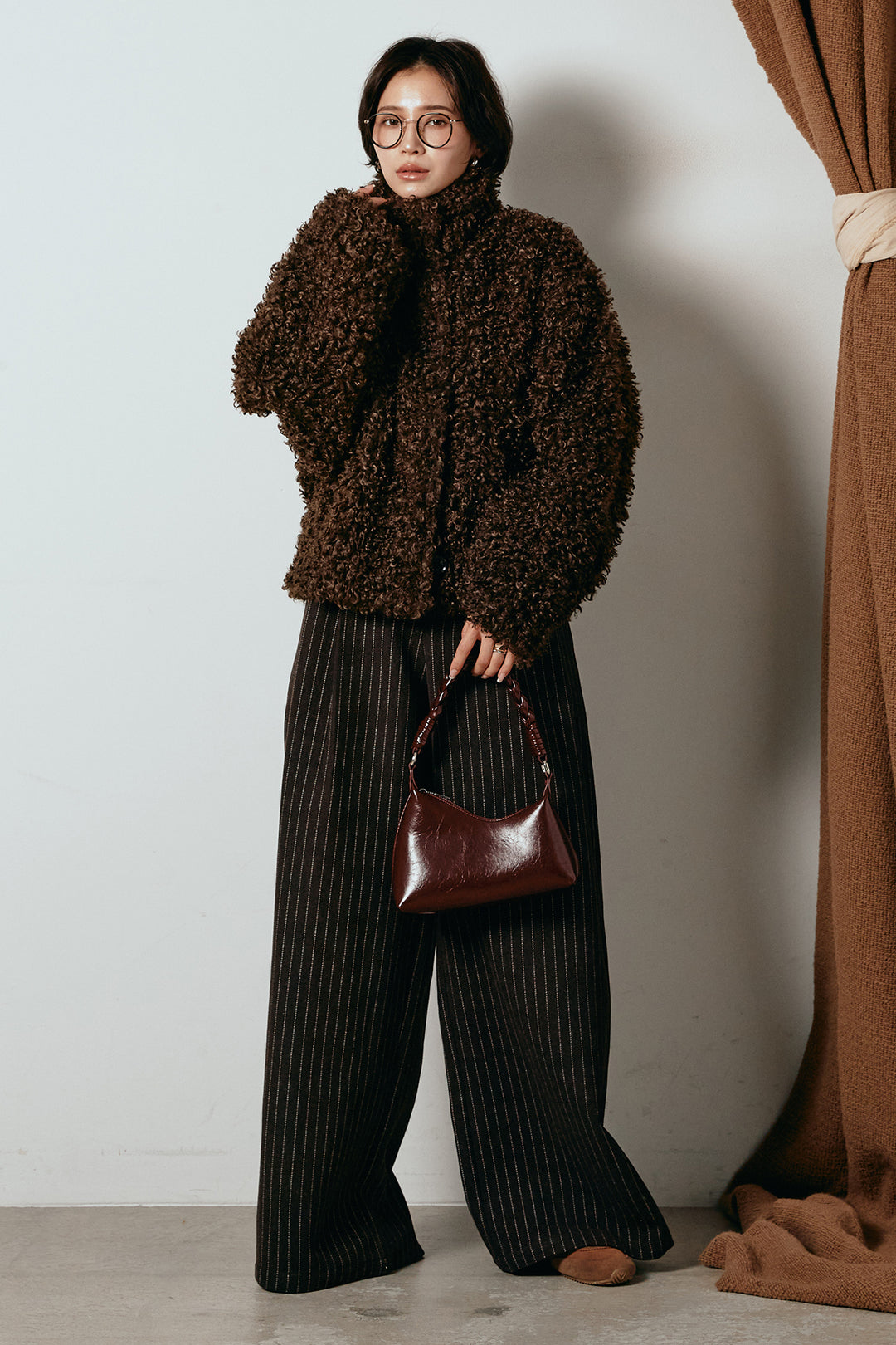 [SET]プードルファーミドルジャケット+ウールライクストライプパンツ(2set)