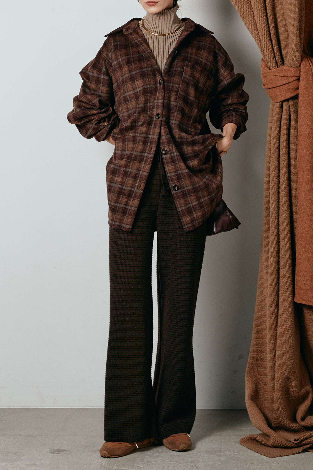 [SET]シャギーチェックシャツジャケット+ワイドリブニットイージーパンツ(2set)
